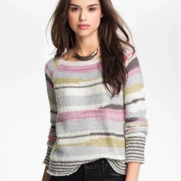 Free People Montmartre Pullover Striped Knit Boat Neck Wool Blend Size L Large - Picture 1 of 8